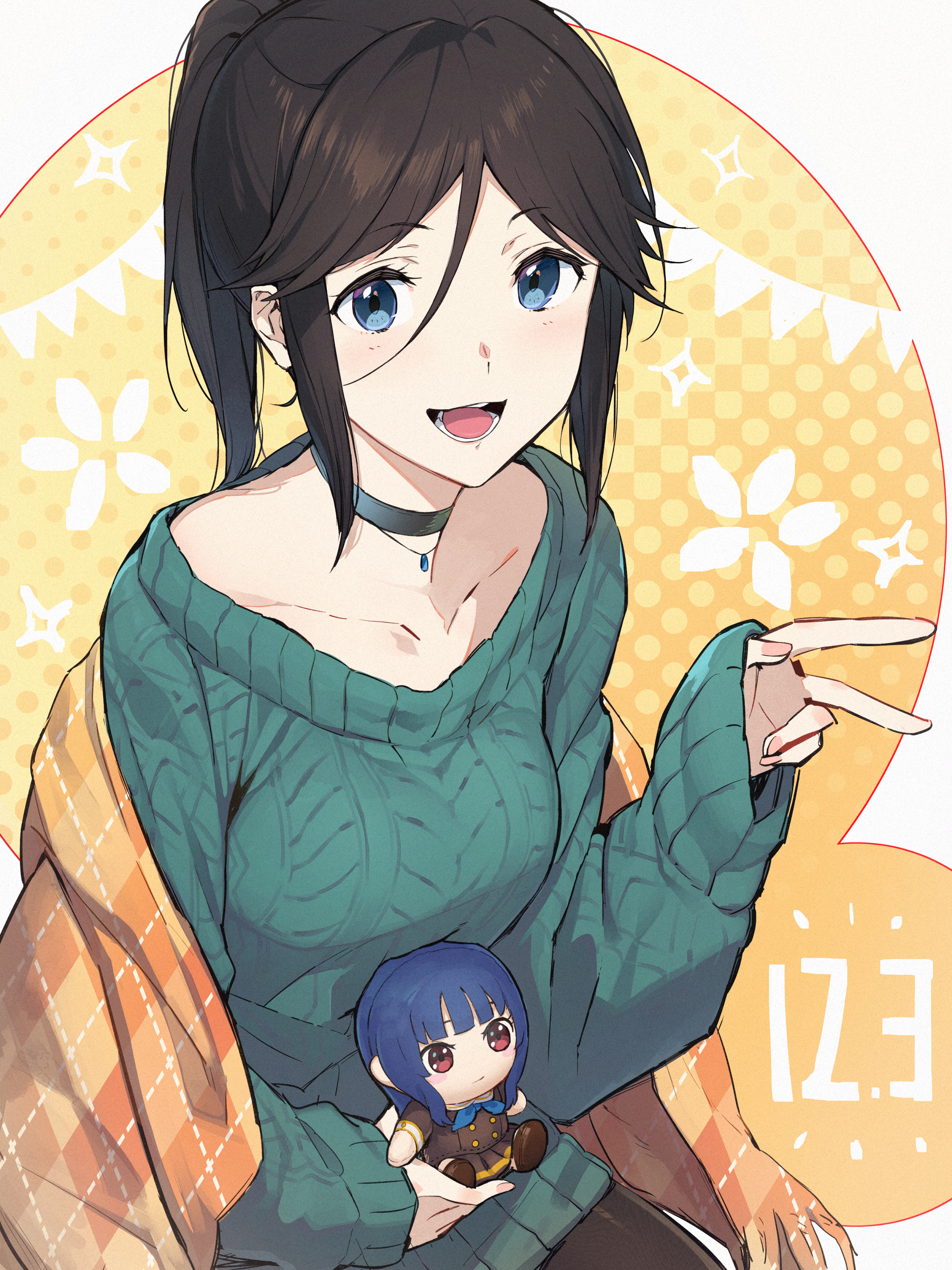 3s (tarariko), kasaki nozomi, yoroizuka mizore, hibike! euphonium, absurdres, commentary, highres, symbol-only commentary, 1girl, :d, birthday, black choker, black hair, black pantyhose, blue eyes, breasts, character doll, choker, collarbone, doll, green sweater, hair between eyes, holding, holding doll, jewelry, long hair, long sleeves, looking at viewer, medium breasts, open mouth, pantyhose, pendant, ponytail, sidelocks, sleeves past wrists, smile, solo, sweater, teeth, tongue, v, yellow blanket