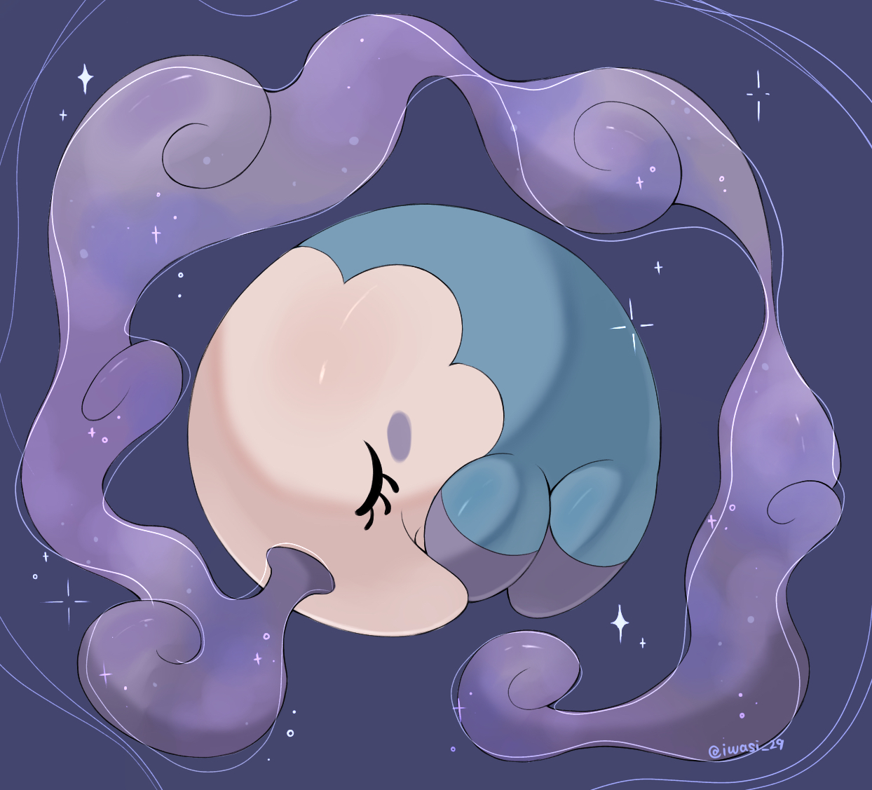 iwasi 29, musharna, nintendo, pokemon, commentary request, alternate color, animal focus, artist name, closed eyes, eyelashes, fog, gen 5 pokemon, no humans, pokemon (creature), purple background, shiny pokemon, sparkle, twitter username