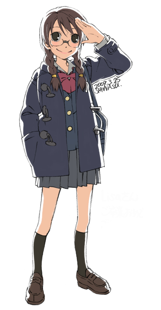 shiwasu takashi, original, 1girl, bag, braid, brown hair, female focus, glasses, hair over shoulder, hand in pocket, long hair, salute, school uniform, skirt, smile, socks, solo, twin braids
