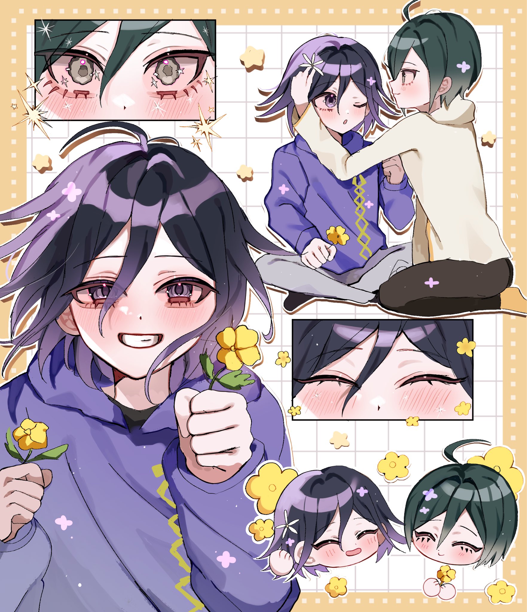 sobacha, oma kokichi, saihara shuichi, danganronpa (series), danganronpa v3: killing harmony, commentary request, highres, 2boys, ahoge, alternate costume, black hair, black pants, blush, brown eyes, flipped hair, flower, grey pants, grin, hair ornament, holding, holding flower, hood, hood down, hoodie, looking at another, male focus, multiple boys, pants, pink hoodie, short hair, smile, teeth, white background, yaoi, yellow flower