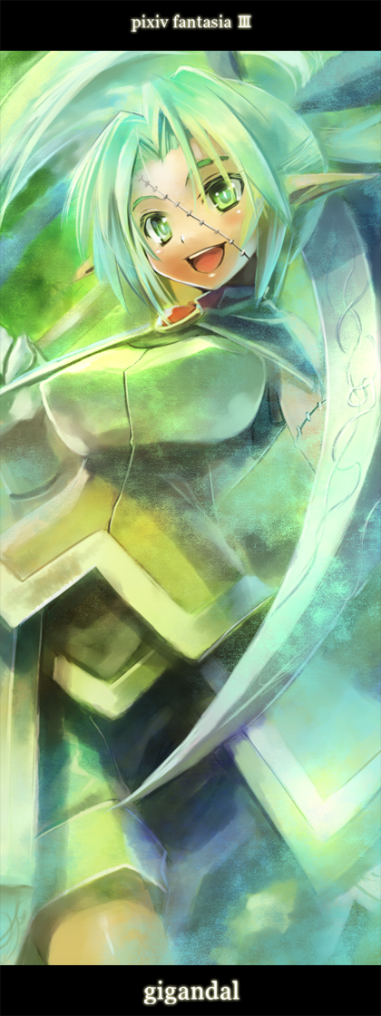 edobox, pixiv fantasia, pixiv fantasia 3, armor, blush, gigandal federation, green eyes, green hair, happy, letterboxed, long hair, pointy ears, scar, scythe, solo