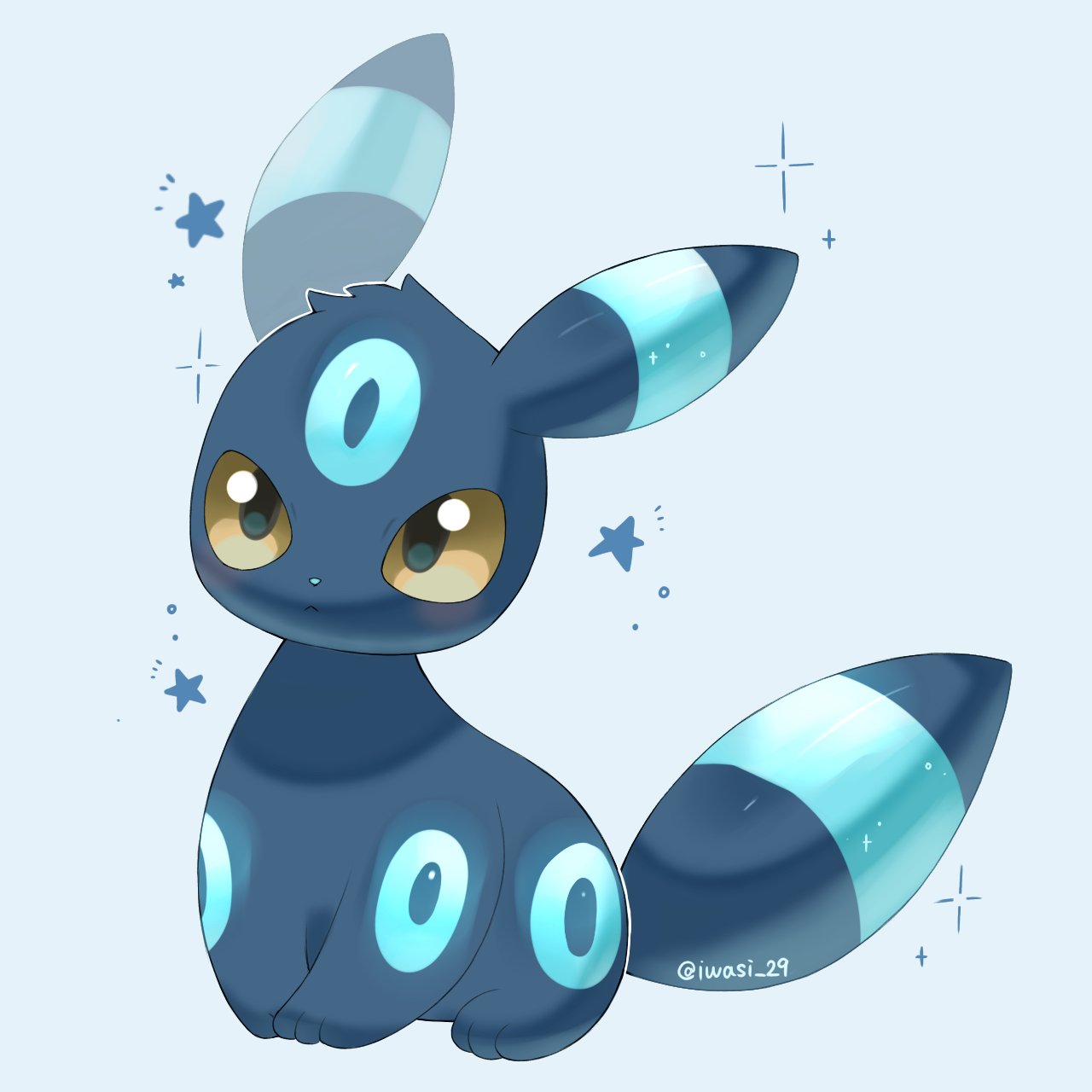 iwasi 29, umbreon, nintendo, pokemon, commentary request, highres, alternate color, animal focus, artist name, black fur, closed mouth, facial mark, forehead mark, gen 2 pokemon, grey background, no humans, pokemon (creature), shiny pokemon, sitting, sparkle, star (symbol), tail, twitter username, yellow eyes