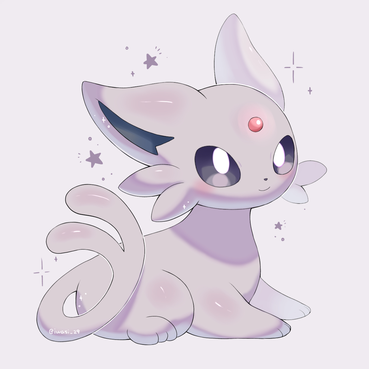iwasi 29, espeon, nintendo, pokemon, commentary request, highres, animal focus, artist name, black eyes, closed mouth, forehead jewel, forked tail, gen 2 pokemon, no humans, pokemon (creature), purple fur, sitting, smile, sparkle, star (symbol), tail, twitter username