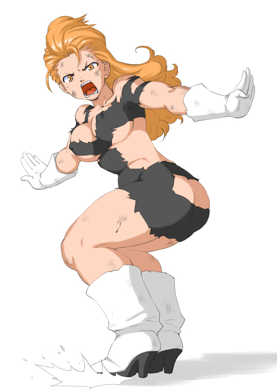 recoome, dragon ball, 1girl, ass, blonde hair, boots, genderswap, genderswap (mtf), gloves, high heel boots, high heels, muscular, torn clothes, yellow eyes