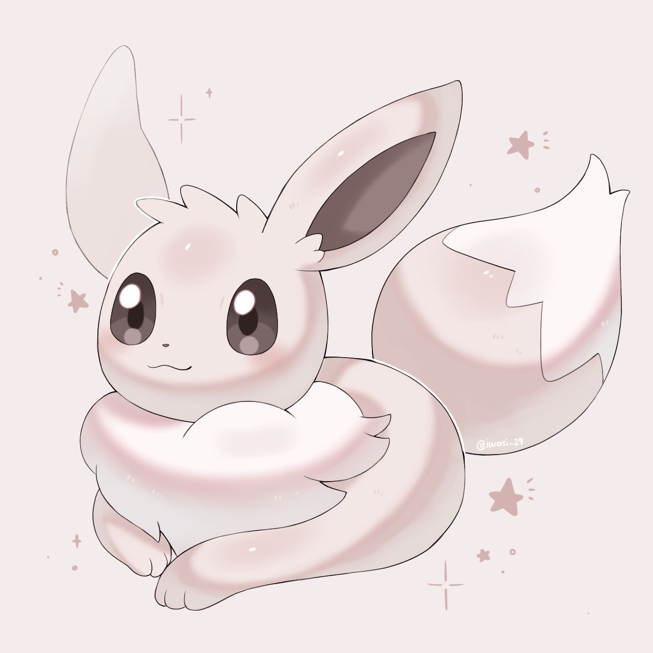 iwasi 29, eevee, nintendo, pokemon, commentary request, highres, alternate color, animal focus, brown eyes, closed mouth, gen 1 pokemon, grey background, grey fur, mane, no humans, pokemon (creature), shiny pokemon, sitting, sparkle, star (symbol), tail