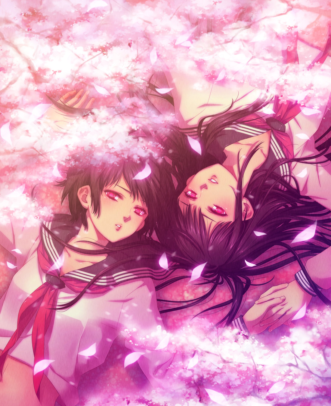 tetsukuzu tetsuko, highres, 2girls, black hair, cherry blossoms, holding hands, long hair, lying, multiple girls, petals, pink eyes, red eyes, school uniform, serafuku, short hair