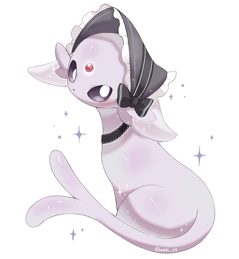 iwasi 29, espeon, nintendo, pokemon, commentary request, animal focus, black bow, black eyes, bow, forehead jewel, forked tail, gen 2 pokemon, headdress, no humans, pokemon (creature), purple fur, simple background, sitting, sparkle, tail, white background