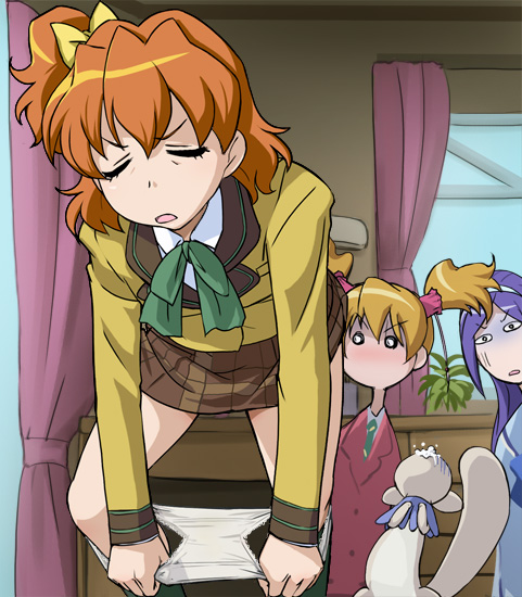 haruyama kazunori, aono miki, momozono love, tart (fresh precure!), yamabuki inori, fresh precure!, precure, 00s, 3girls, brown hair, closed eyes, foaming at the mouth, multiple girls, o o, panties, panty pull, personality switch, purple hair, school uniform, skirt, surprised, underwear, undressing, white panties