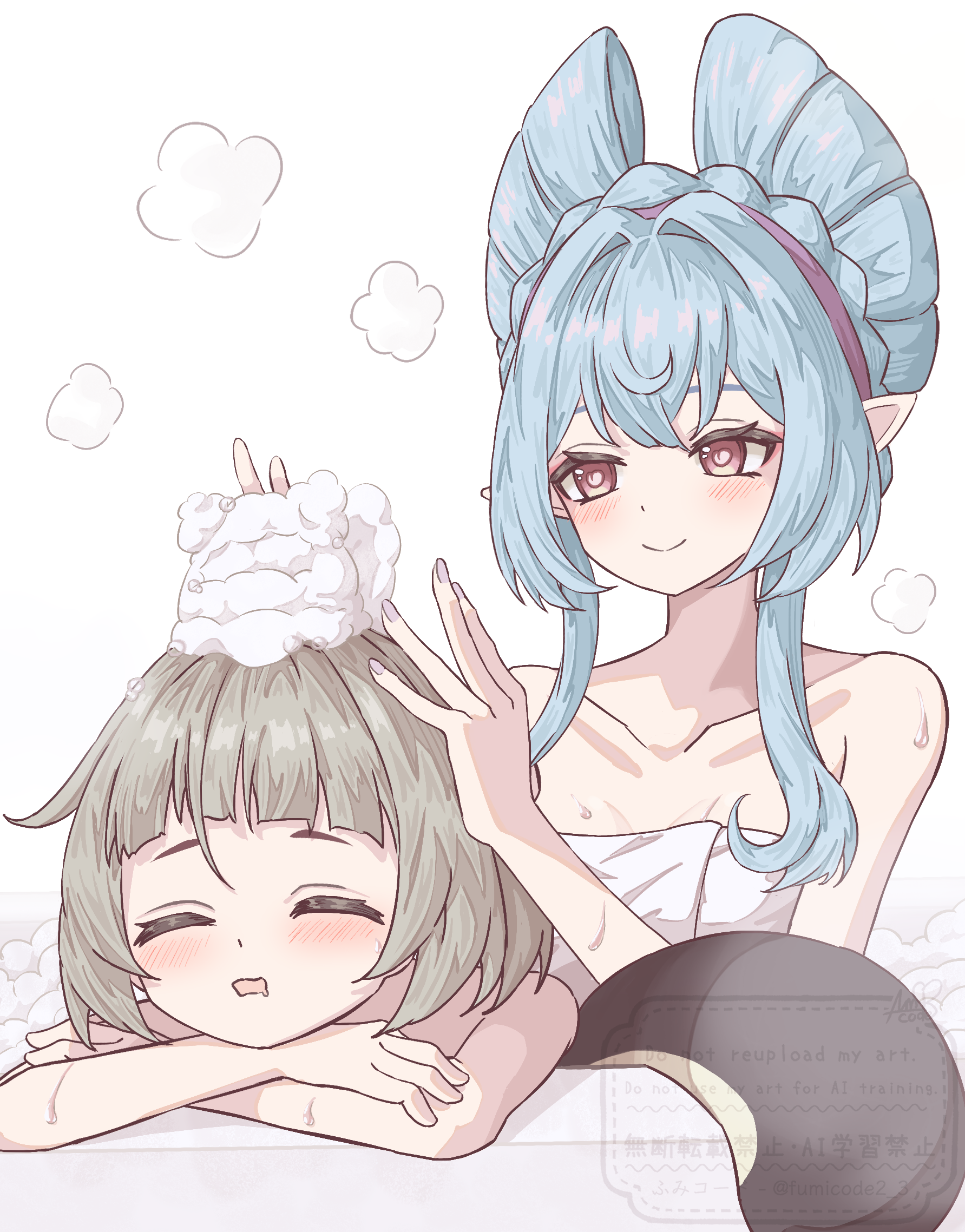 fumicode2 3, sayu (genshin impact), yumemizuki mizuki, genshin impact, highres, 2girls, bathing, blue hair, closed mouth, grey hair, hairband, long hair, multiple girls, open mouth, pointy ears, purple eyes, raccoon tail, short hair, simple background, smile, soap bubbles, tail, washing hair, white background