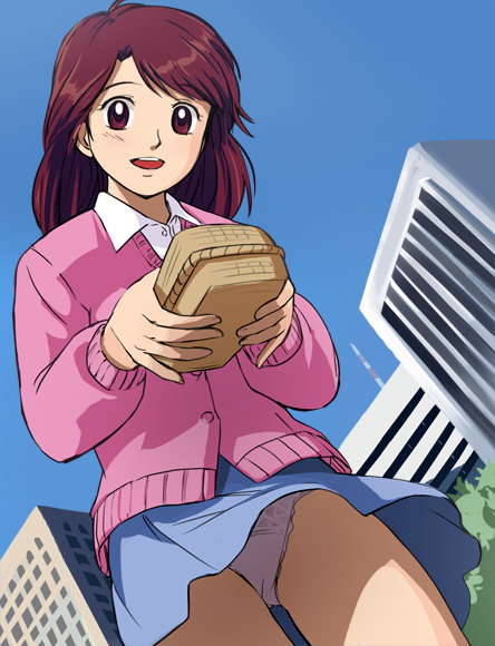 haruyama kazunori, kurita yuuko, oishinbo, oishinbo (anime), lunchbox, panties, red eyes, red hair, solo, sweater, underwear