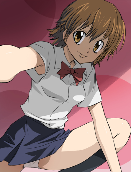 haruyama kazunori, sasagawa kyouko, katekyo hitman reborn!, 00s, 1girl, armpit peek, armpits, bow, brown eyes, female focus, kneehighs, panties, red hair, school uniform, socks, solo, underwear