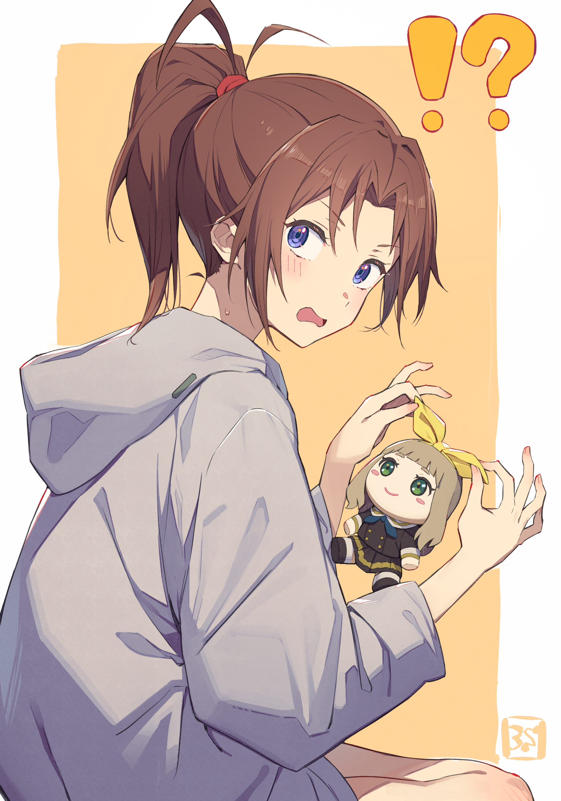3s (tarariko), nakagawa natsuki, yoshikawa yuuko, hibike! euphonium, absurdres, commentary request, highres, !?, 1girl, blue eyes, brown hair, character doll, doll, hood, hoodie, looking at viewer, ponytail, surprised