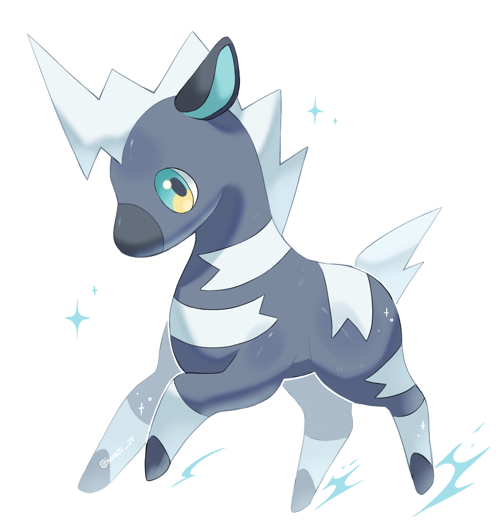 iwasi 29, blitzle, nintendo, pokemon, commentary request, animal focus, artist name, blue eyes, gen 5 pokemon, no humans, pokemon (creature), simple background, sparkle, tail, twitter username, white background, zebra