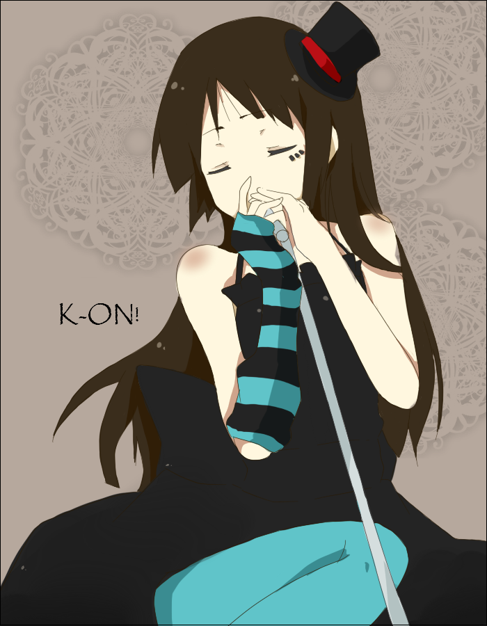 mono (recall), akiyama mio, don't say "lazy", k-on!, striped, bad id, bad pixiv id, 00s, 1girl, black hair, blue pantyhose, blunt bangs, closed eyes, facepaint, female focus, gothic lolita, hat, hime cut, lolita fashion, mini hat, mini top hat, pantyhose, solo, top hat