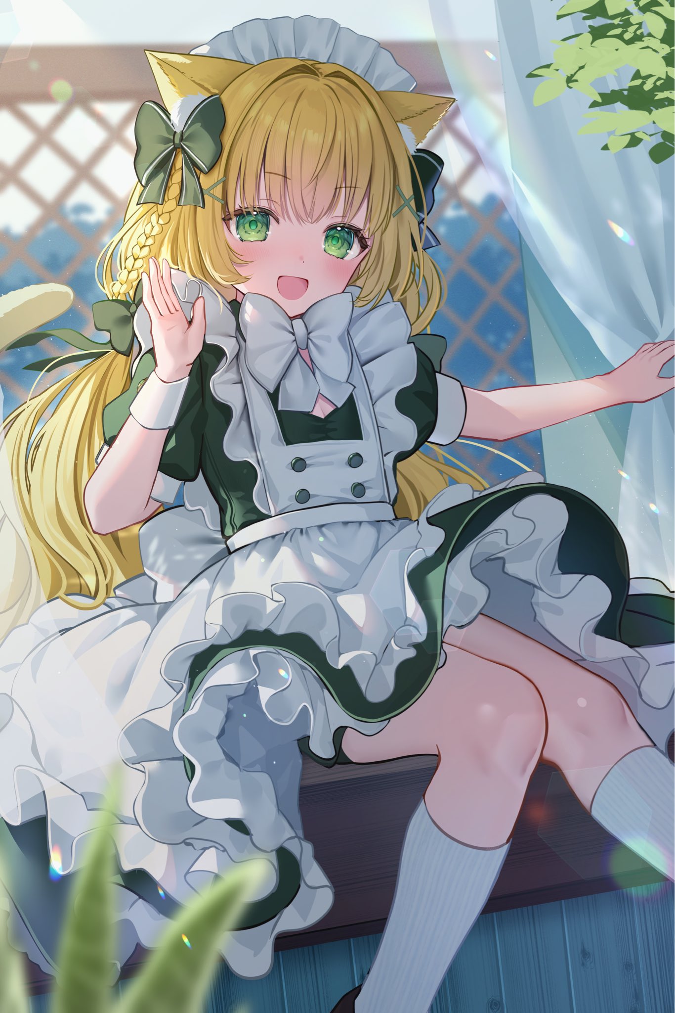 fuyoyo, huion, highres, 1girl, :d, animal ears, apron, blonde hair, blurry, bow, braid, cat tail, curtains, dress, frilled apron, frilled dress, frills, green bow, green dress, green eyes, hair bow, hair ornament, long hair, looking at viewer, maid, open mouth, puffy short sleeves, puffy sleeves, short sleeves, smile, socks, solo, tail, very long hair, white apron, white bow, white socks, wrist cuffs, x hair ornament