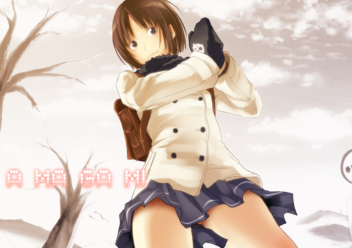 painpa, miya (amagami), tachibana miya, amagami, 1girl, backpack, bag, bob cut, breasts, brown eyes, brown hair, clothes lift, day, female focus, from below, miniskirt, mittens, outdoors, pleated skirt, randoseru, scarf, short hair, skirt, skirt lift, sky, smile, solo, standing, tree, v, wind, wind lift
