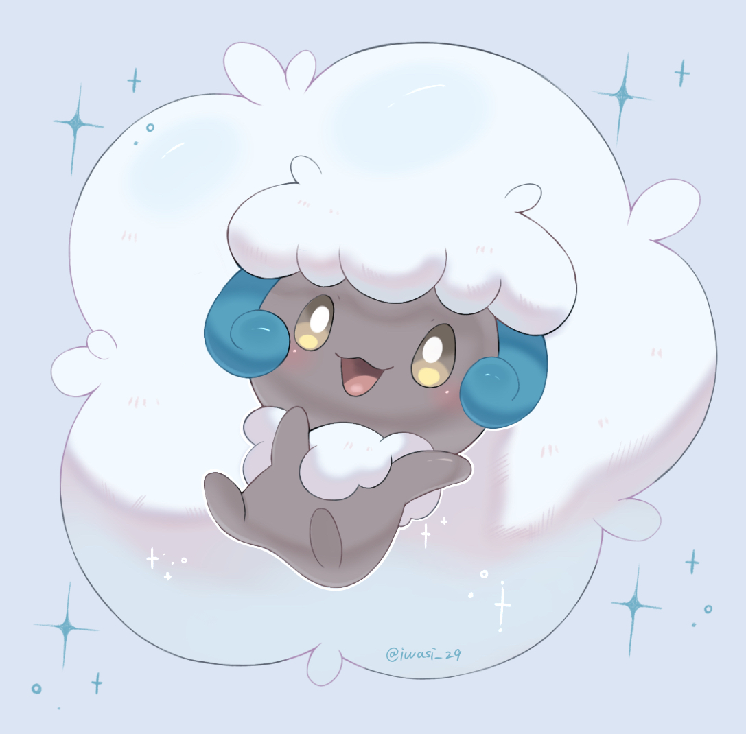 iwasi 29, whimsicott, nintendo, pokemon, commentary request, alternate color, artist name, blue background, brown eyes, curled horns, dark skin, gen 5 pokemon, horns, no humans, open mouth, pokemon (creature), shiny pokemon, smile, twitter username, white hair