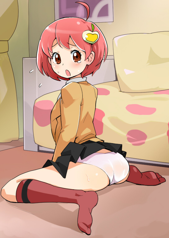 tamagoroo, kougyoku rinko, jewelpet, jewelpet (series), bad id, bad pixiv id, 00s, 1girl, :o, ahoge, ass, blazer, blush, brown eyes, clothes lift, couch, feet, female focus, from behind, hair ornament, heart, jacket, kneehighs, kneeling, looking back, on floor, open mouth, panties, pillow, pink hair, pleated skirt, red eyes, red hair, school uniform, short hair, sitting, skirt, skirt lift, socks, solo, surprised, sweat, sweatdrop, tears, underwear, upskirt, wariza, white panties