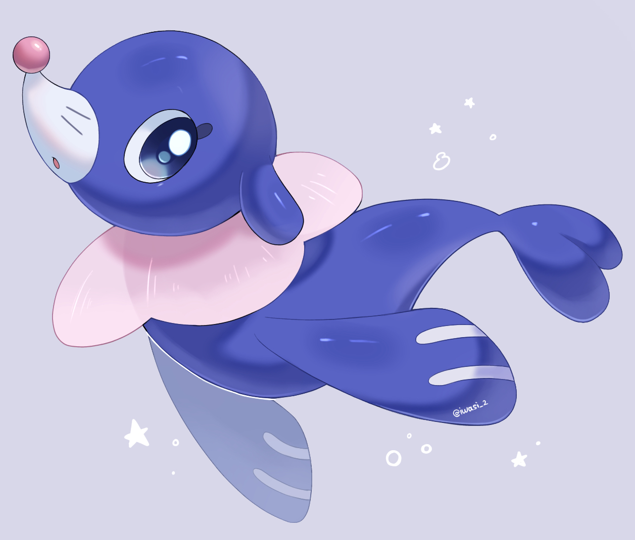 iwasi 29, popplio, nintendo, pokemon, commentary request, alternate color, animal focus, artist name, blue eyes, gen 7 pokemon, no humans, open mouth, pokemon (creature), purple background, sea lion, shiny pokemon, snout, tail, twitter username