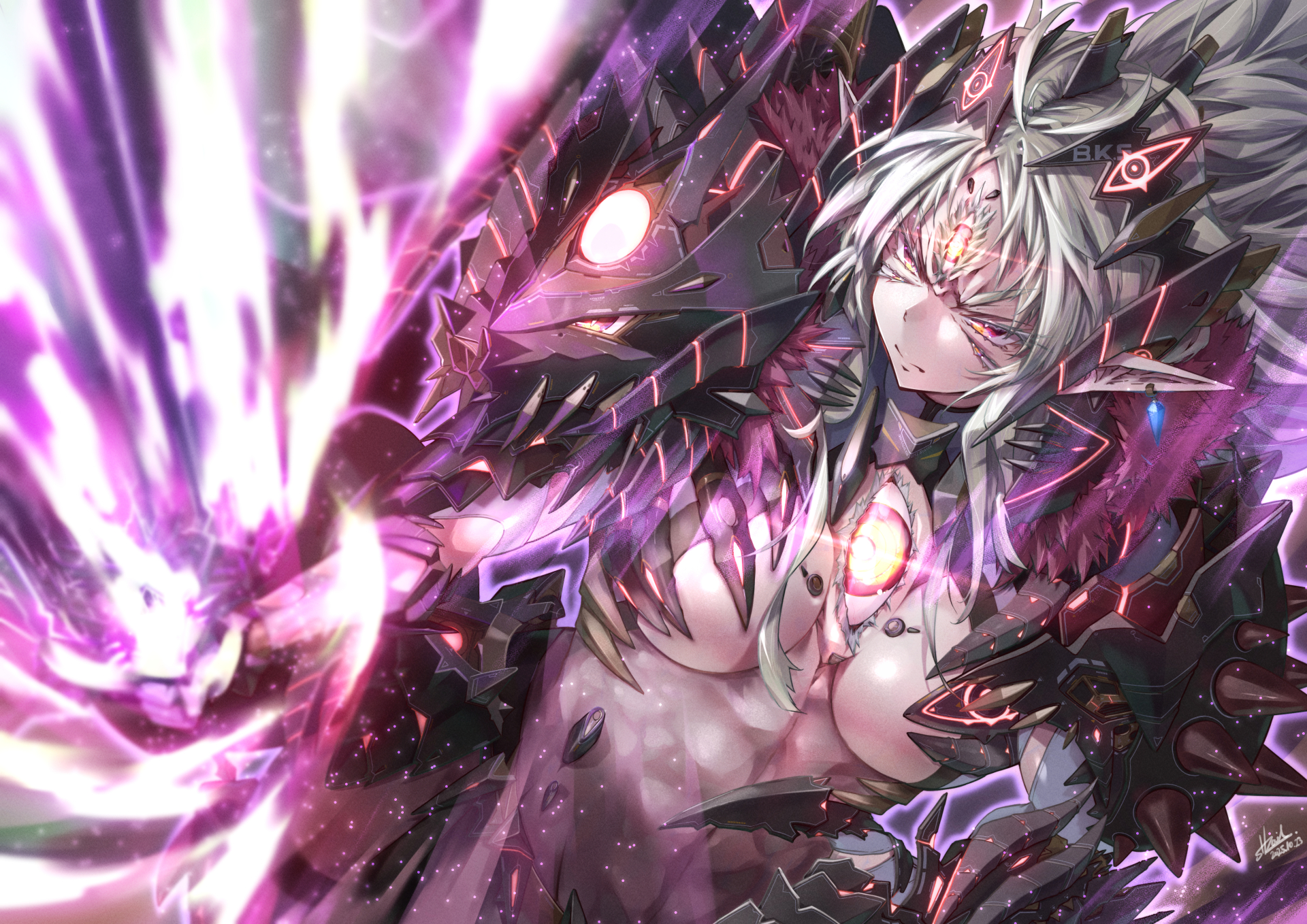 strail cycleman, original, commentary request, highres, 1girl, abs, armor, breasts, earrings, energy sword, extra eyes, fur collar, grey hair, jewelry, medium breasts, pointy ears, red eyes, revealing clothes, solo, sword, weapon