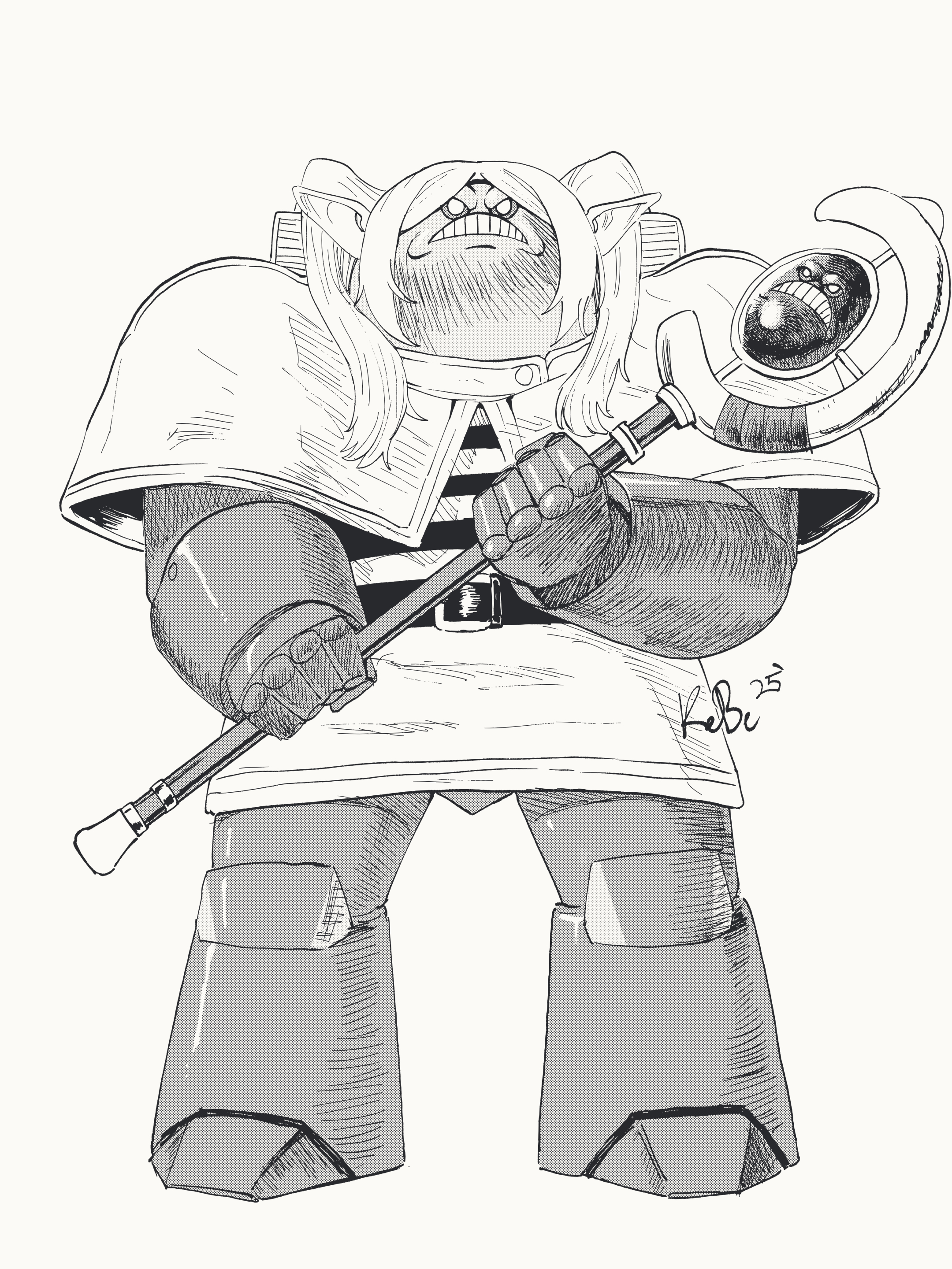 frieren, sousou no frieren, space king, absurdres, commentary, english commentary, highres, 1boy, armor, capelet, clenched teeth, cosplay, dress, frieren (cosplay), greyscale, hatemace, hatemonger (space king), holding, holding staff, holding weapon, long hair, mage staff, monochrome, parted bangs, phelix kelvin, pointy ears, power armor, shirt, simple background, solo, staff, striped clothes, striped shirt, teeth, twintails, weapon, white background
