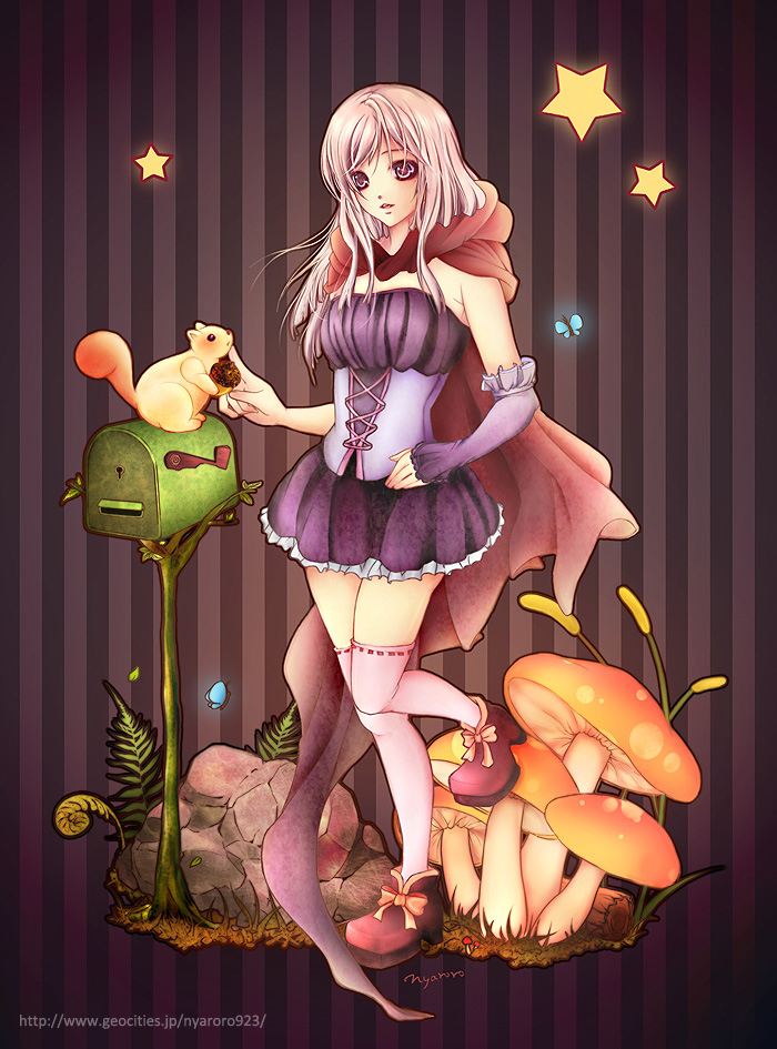 nyaroro, original, bad id, bad pixiv id, acorn, bug, butterfly, cape, corset, elbow gloves, gloves, insect, mushroom, pink eyes, pink hair, rock, solo, squirrel, star (symbol), thighhighs