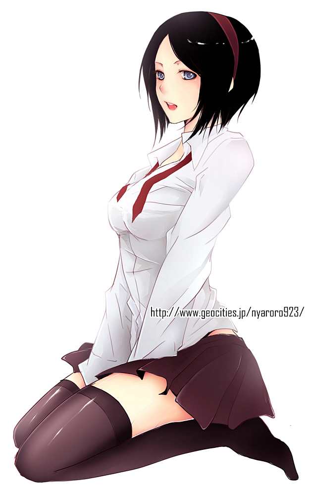 nyaroro, original, bad id, bad pixiv id, 1girl, black hair, black thighhighs, blue eyes, female focus, hairband, kneeling, long sleeves, looking to the side, parted bangs, pleated skirt, red hairband, round teeth, school uniform, short hair, simple background, skirt, solo, teeth, thighhighs, v arms, white background