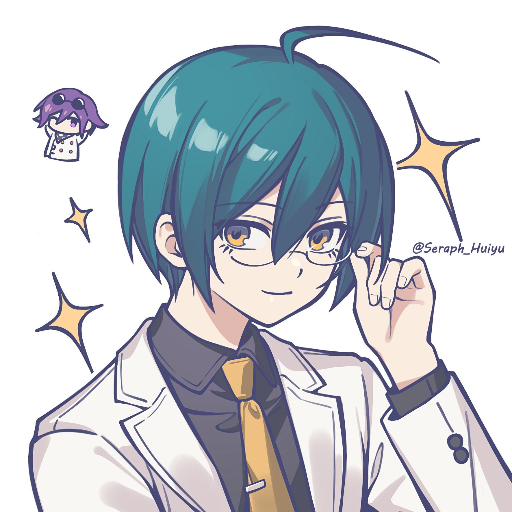 ewa (seraphhuiyu), oma kokichi, saihara shuichi, danganronpa (series), danganronpa v3: killing harmony, highres, 2boys, ahoge, alternate costume, artist name, black shirt, collared shirt, glasses, green hair, hand up, jacket, long sleeves, male focus, multiple boys, necktie, open clothes, open jacket, orange eyes, orange necktie, shirt, short hair, simple background, smile, solo focus, sparkle, tie clip, white background, white jacket