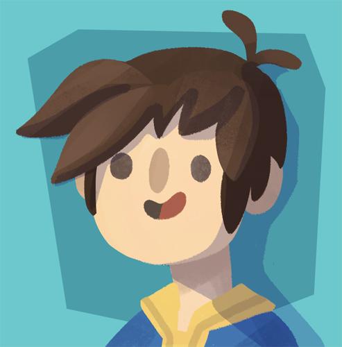 copyright request, lowres, 1boy, ahoge, blue background, blue jacket, brown eyes, brown hair, chibi, chibi only, hood, hoodie, jacket, jamizzle, no lineart, open mouth, portrait, profile picture, simple background, smile, toon (style), yellow hoodie