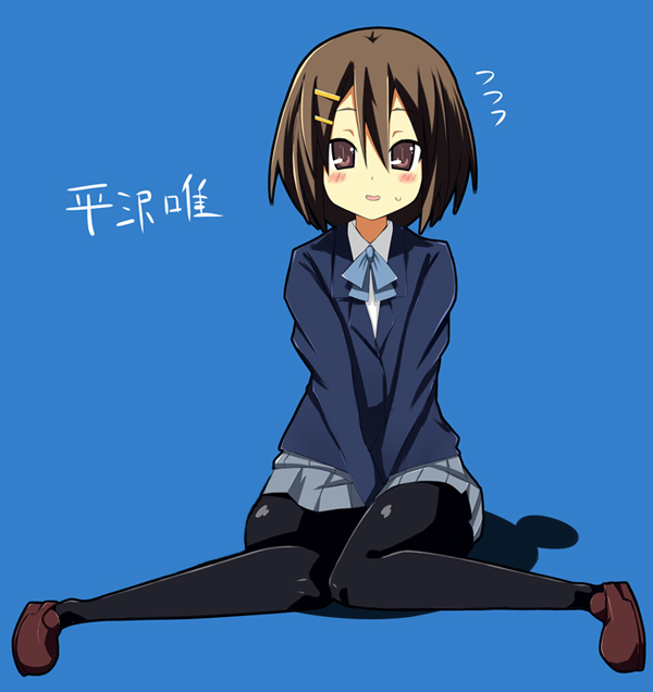 pilotis, hirasawa yui, k-on!, third-party edit, 00s, 1girl, bad anatomy, bad feet, brown eyes, brown hair, feet, female focus, hair ornament, hairclip, pantyhose, poorly drawn, school uniform, short hair, skirt, solo