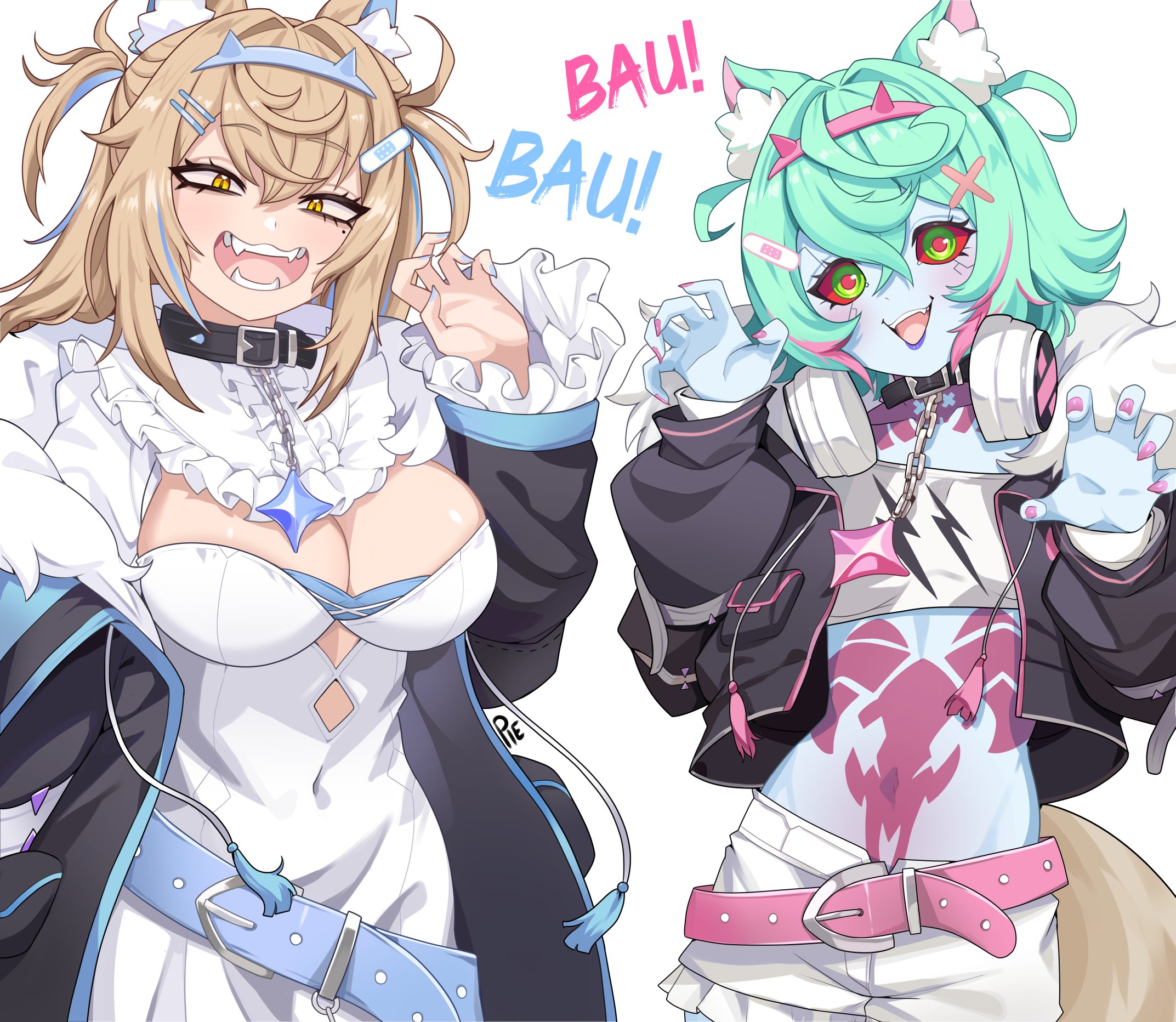 unusualpie, fuwawa abyssgard, mococo abyssgard, rebecca (cyberpunk), toga himiko, boku no hero academia, cyberpunk: edgerunners, cyberpunk (series), hololive, highres, animal collar, animal ears, blonde hair, blue skin, breasts, cleavage, coat, collar, colored skin, dog ears, dog tail, fangs, green hair, headphones, large breasts, long hair, midriff, nail polish, navel, open clothes, open coat, short hair, small breasts, tail, tattoo
