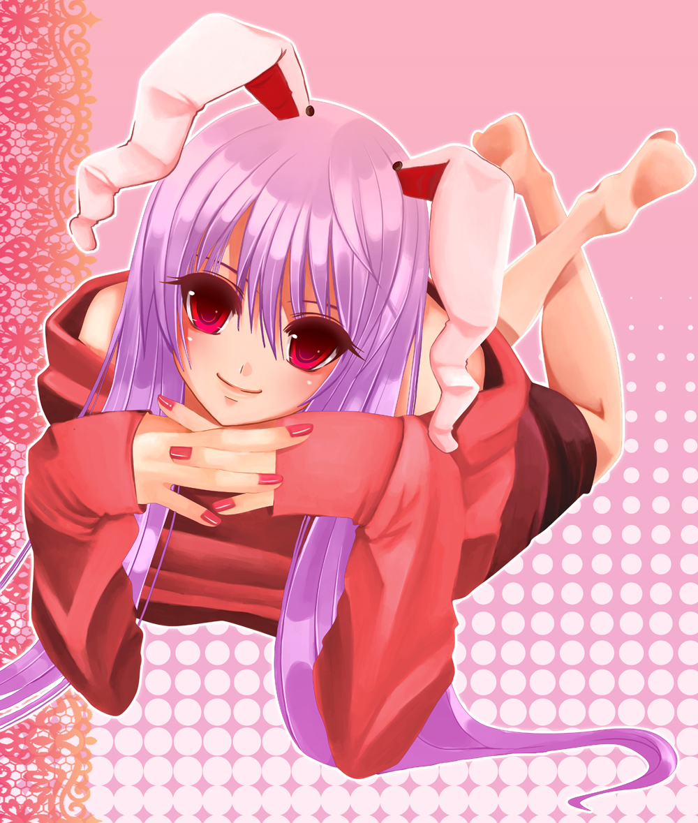 nonoko, yuuka nonoko, reisen udongein inaba, touhou, bad id, bad pixiv id, 1girl, animal ears, barefoot, female focus, full body, long hair, lying, rabbit ears, smile, solo