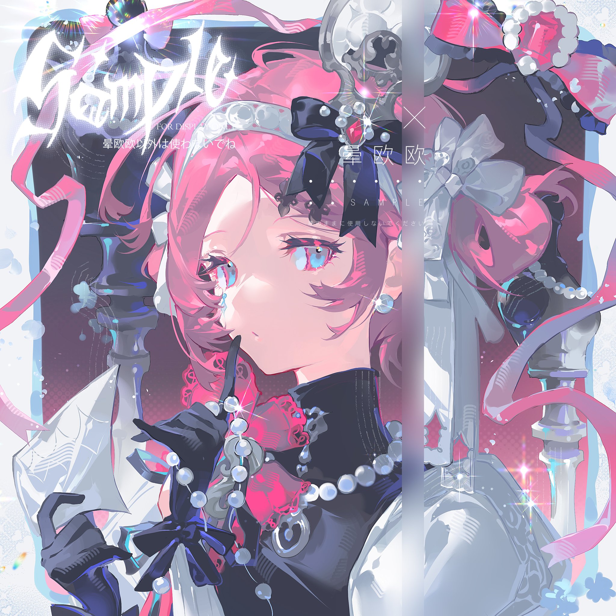 yunouou10, original, highres, 1girl, black bow, black gloves, blue eyes, bow, closed mouth, crown, earrings, envelope, finger to mouth, gem, gloves, hairband, holding, holding letter, holding paper, jewelry, letter, looking at viewer, necklace, paper, pearl necklace, pink eyes, pink hair, ribbon, ring, short hair, solo, turtleneck, upper body, watermark, weibo username, weibo watermark, white hairband, wrist bow
