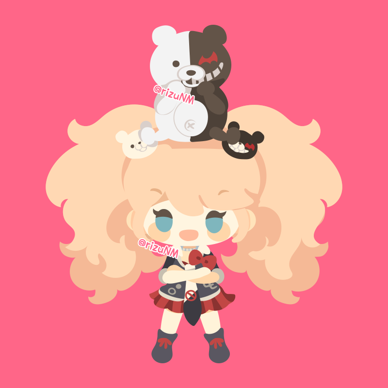 rizu (rizunm), enoshima junko, monokuma, danganronpa: trigger happy havoc, danganronpa (series), 1girl, :d, artist name, black necktie, black shirt, blonde hair, blush, bow, chibi, chibi only, crossed arms, green eyes, grin, happy, long hair, miniskirt, necktie, open mouth, pink background, red bow, red skirt, shirt, shoes, short sleeves, simple background, skirt, smile, teeth, twintails, white necktie