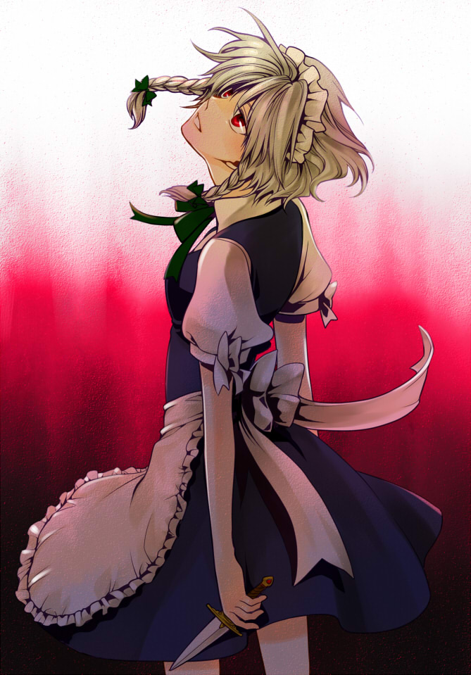 kotori (artist), izayoi sakuya, touhou, silver hair, 1girl, braid, female focus, gradient background, knife, maid, red eyes, solo, throwing knife, twin braids, weapon, white background