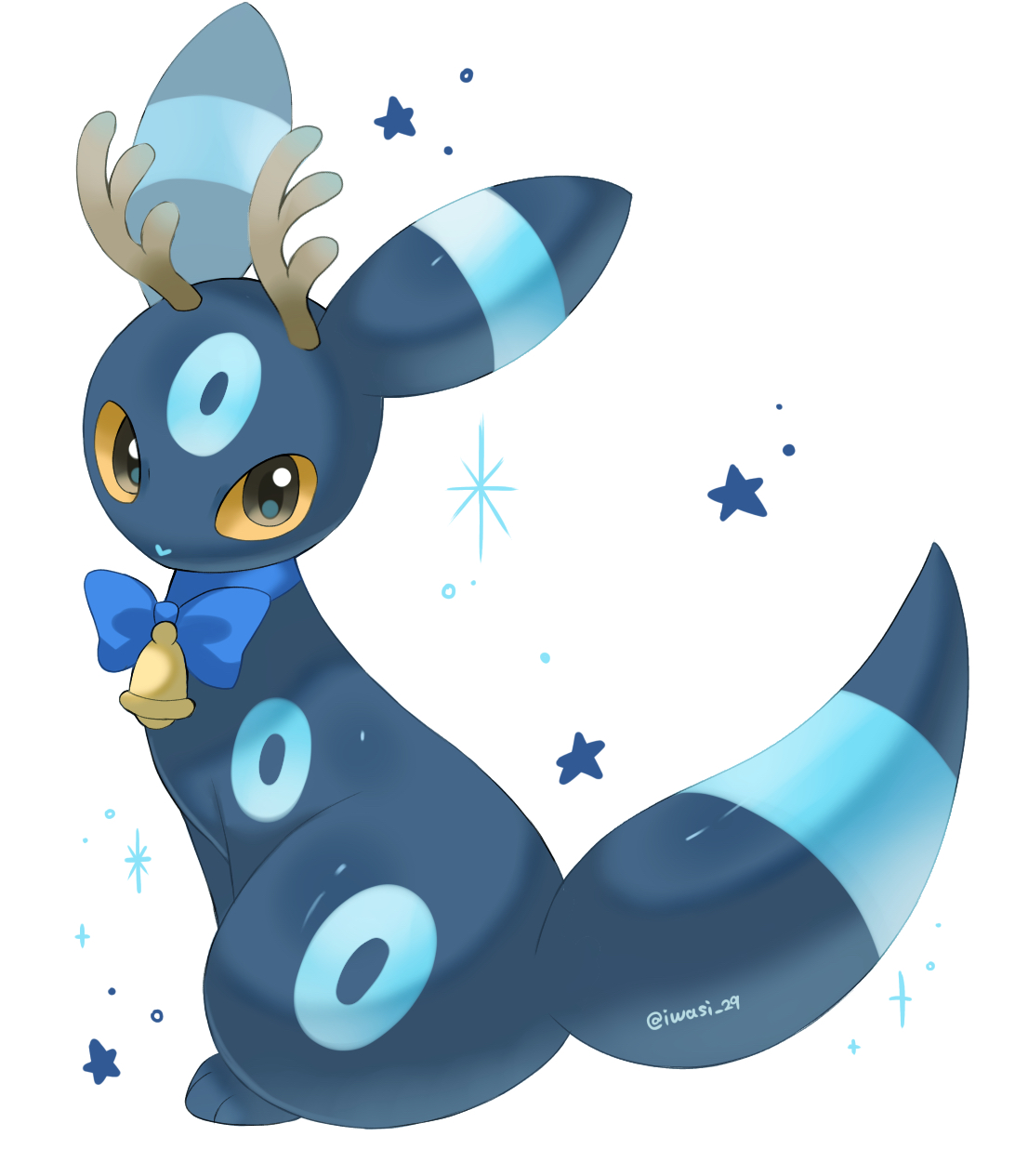 iwasi 29, umbreon, nintendo, pokemon, commentary request, highres, alternate color, antlers, bell, blue bow, blue bowtie, bow, bowtie, brown eyes, deer antlers, full body, gen 2 pokemon, horns, neck bell, no humans, pokemon (creature), pokemon focus, shiny pokemon, simple background, solo, star (symbol), twitter username, white background