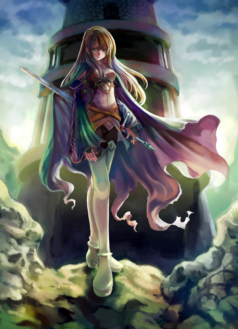 st.microscope, original, armor, blonde hair, cape, green eyes, sheath, sheathed, solo, sword, thighhighs, weapon