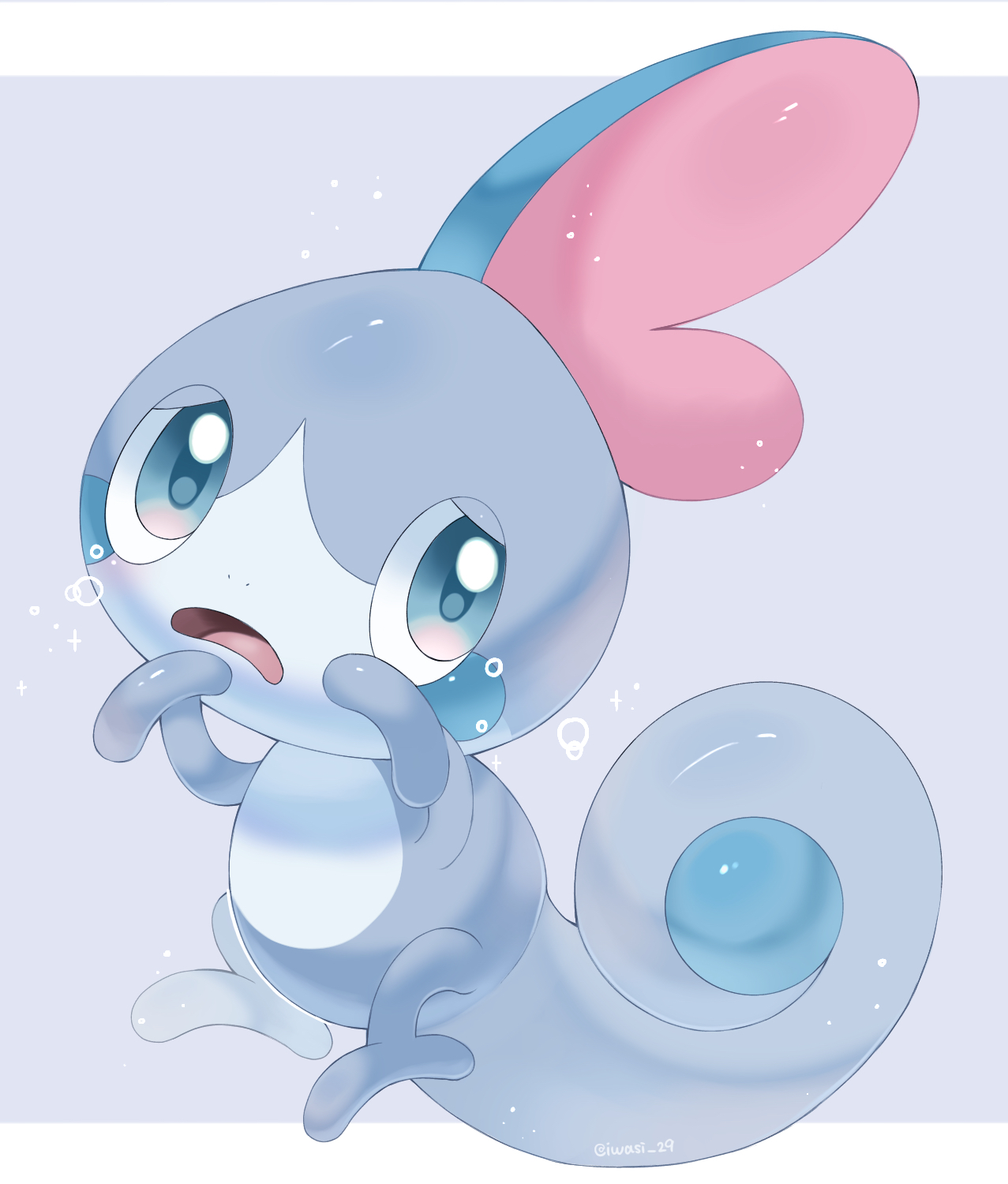 iwasi 29, sobble, nintendo, pokemon, commentary request, highres, alternate color, animal focus, blue background, blue eyes, border, fins, gen 8 pokemon, head fins, letterboxed, no humans, open mouth, pokemon (creature), sad, shiny pokemon, simple background, tail, tears, white border