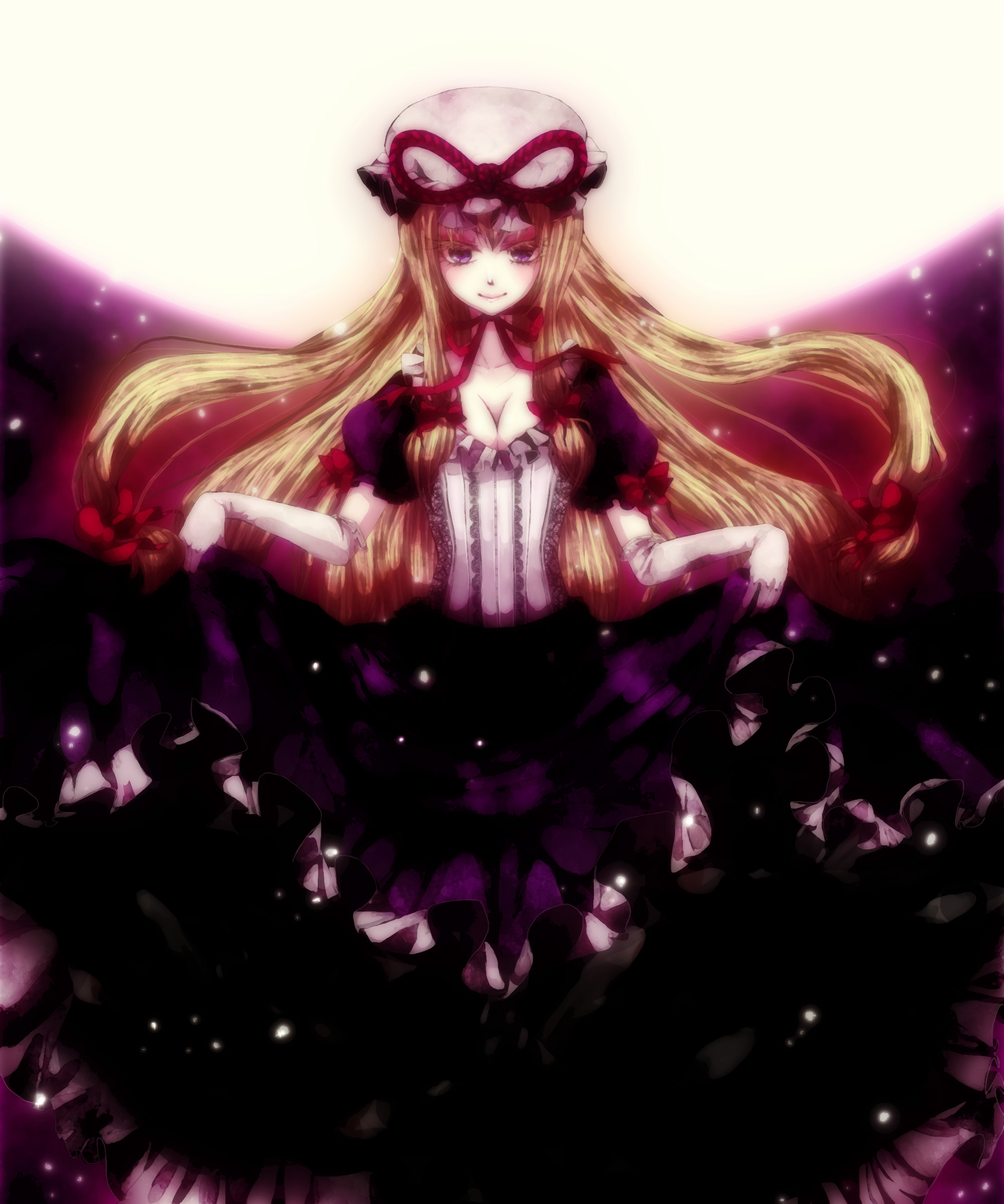 memai, yakumo yukari, touhou, absurdres, bad id, bad pixiv id, highres, 1girl, blonde hair, breasts, cleavage, clothes lift, corset, dress, dress lift, elbow gloves, female focus, gloves, gradient background, outdoors, ribbon, sky, solo