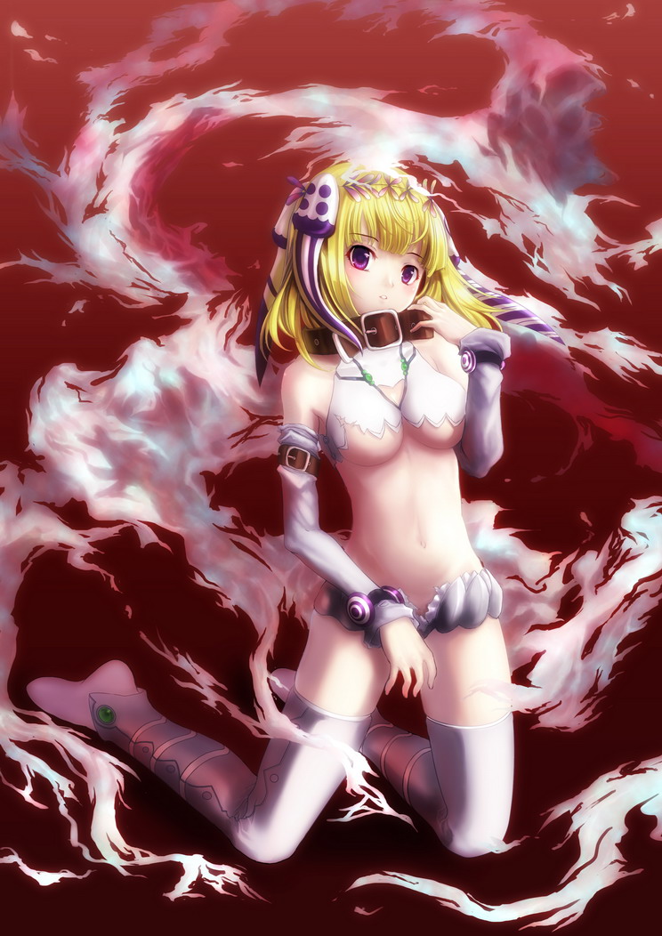 st.microscope, zyrdarya, busou shinki, 10s, 1girl, blonde hair, breasts, collar, female focus, large breasts, midriff, navel, purple eyes, solo, thighhighs, underboob