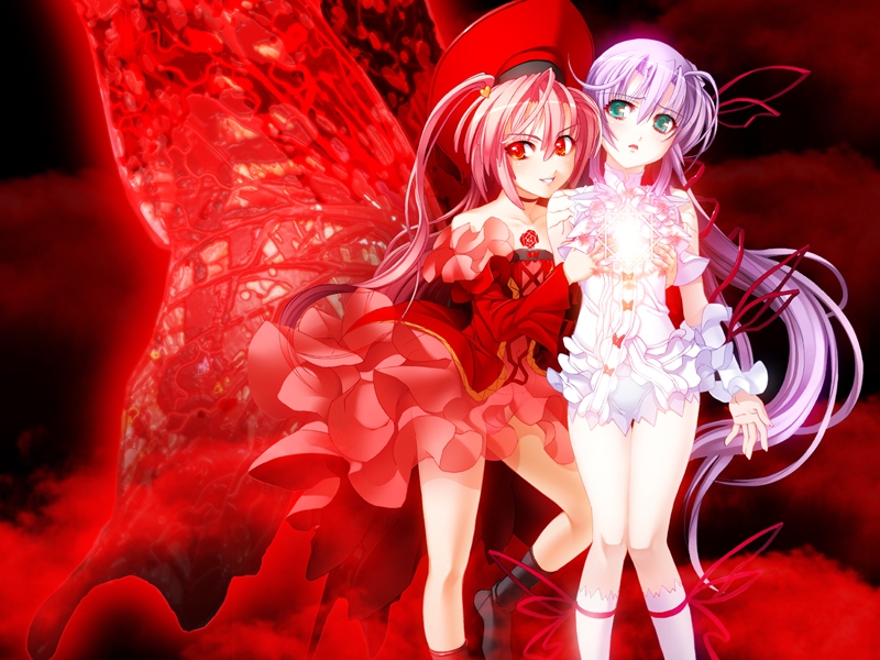 nishii (damnedrive), al azif (demonbane), another blood, demonbane, nitroplus, game cg, 00s, 2girls, aqua eyes, butterfly wings, choker, dress, flat chest, flower, frills, glowing, hat, insect wings, long hair, multiple girls, pink hair, purple hair, red eyes, ribbon, rose, smile, socks, tattoo, turtleneck, very long hair, wings