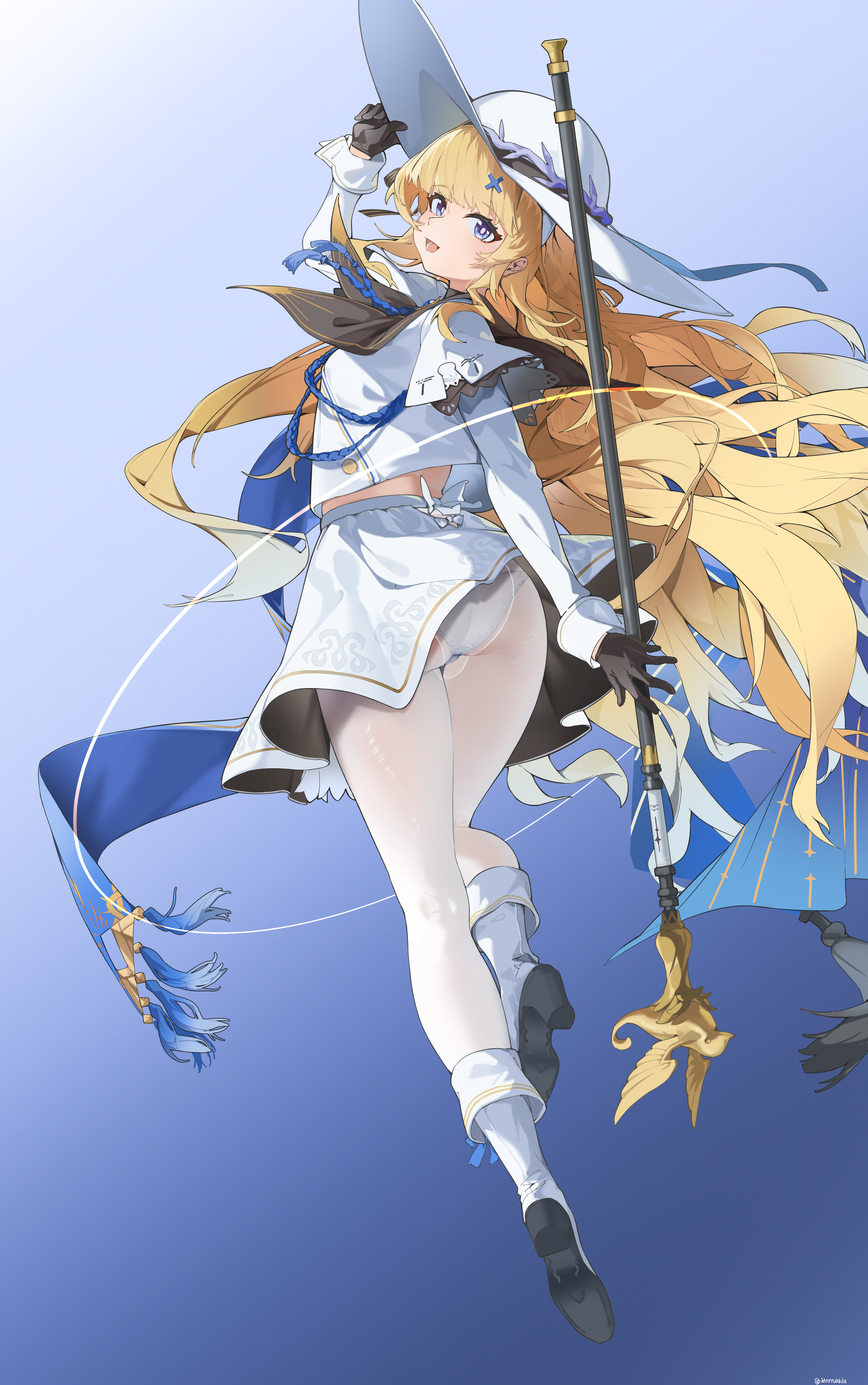 hornesix, phoebe (wuthering waves), wuthering waves, absurdres, commentary request, highres, 1girl, ass, black collar, black gloves, black neckerchief, blonde hair, blue eyes, collar, from behind, full body, gloves, hair ornament, hat, holding, holding staff, long hair, long sleeves, looking at viewer, looking back, midriff, miniskirt, neckerchief, open mouth, panties, panties under pantyhose, pantyhose, shirt, skirt, smile, solo, staff, underwear, very long hair, white hat, white panties, white pantyhose, white shirt, white skirt, x hair ornament