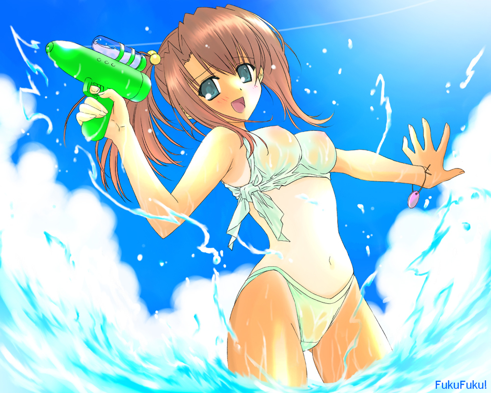 umetori uriri, 1girl, :d, bikini, blue eyes, blush, bracelet, breasts, brown hair, cloud, contrail, day, female focus, green bikini, green eyes, hair bobbles, hair ornament, holding, jewelry, long hair, looking at viewer, medium breasts, nipples, ocean, one-piece tan, open mouth, outdoors, ponytail, see-through clothes, side ponytail, sky, smile, solo, splashing, swimsuit, tan, tanline, water, water gun, wet, white bikini