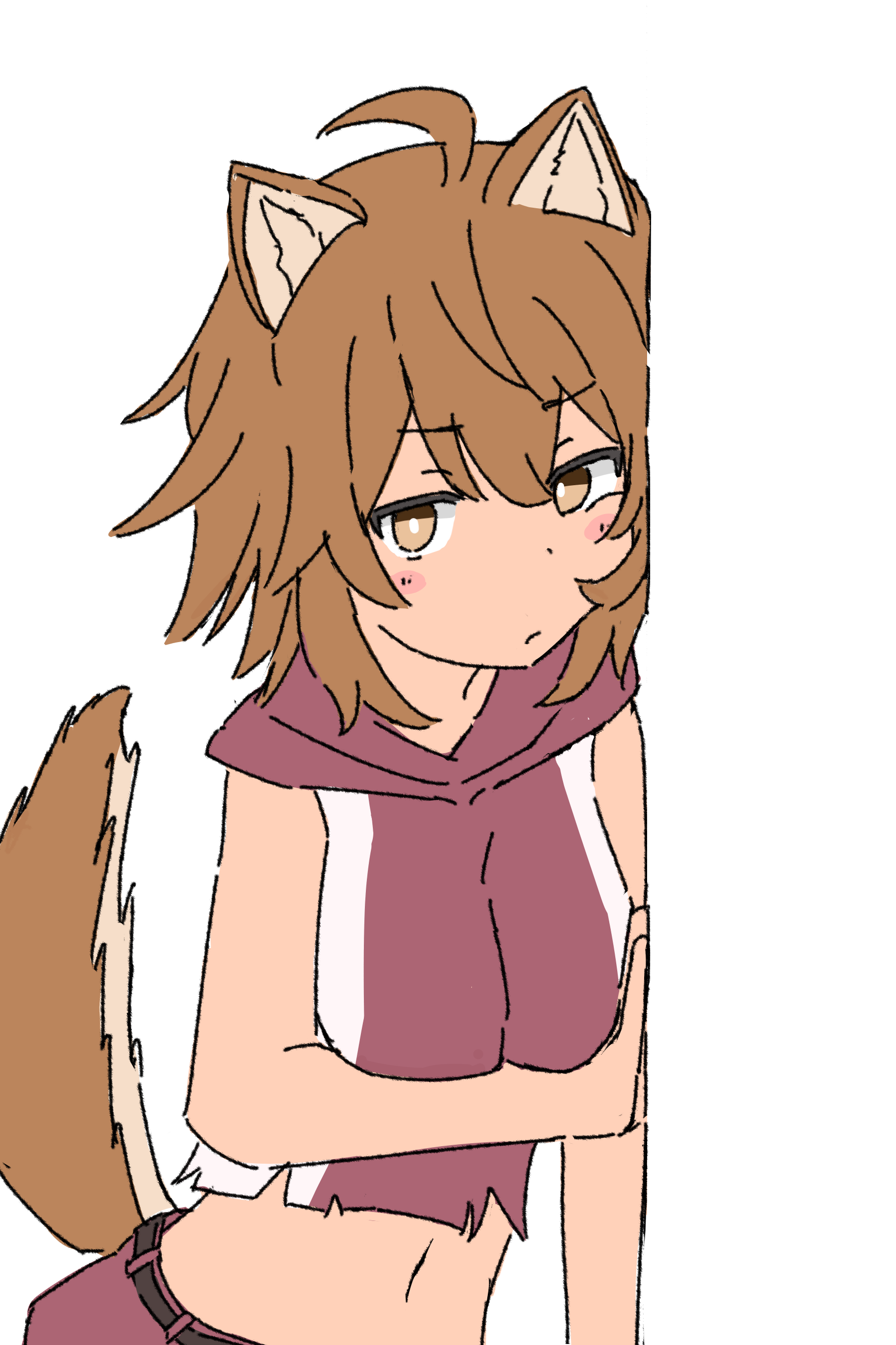 kendama club, liliruca arde, dungeon ni deai wo motomeru no wa machigatteiru darou ka, absurdres, commentary, highres, 1girl, animal ears, blush, brown eyes, brown hair, navel, simple background, solo, white background