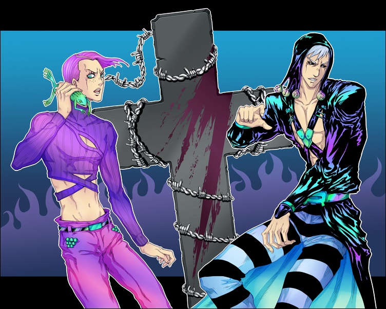 shiemasu, risotto nero, vinegar doppio, jojo no kimyou na bouken, vento aureo, silver hair, striped, 2boys, barbed wire, blood, blue eyes, cross, freckles, frog, hat, male focus, midriff, multiple boys, navel, purple hair, sweater
