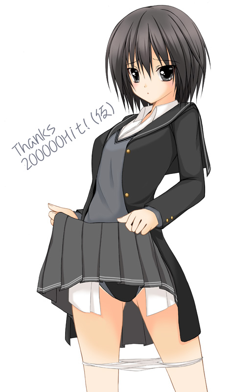 tomosuke, nanasaki ai, amagami, black eyes, black hair, clothes lift, competition swimsuit, one-piece swimsuit, panties, panty pull, school uniform, short hair, skirt, skirt lift, solo, swimsuit, swimsuit under clothes, underwear