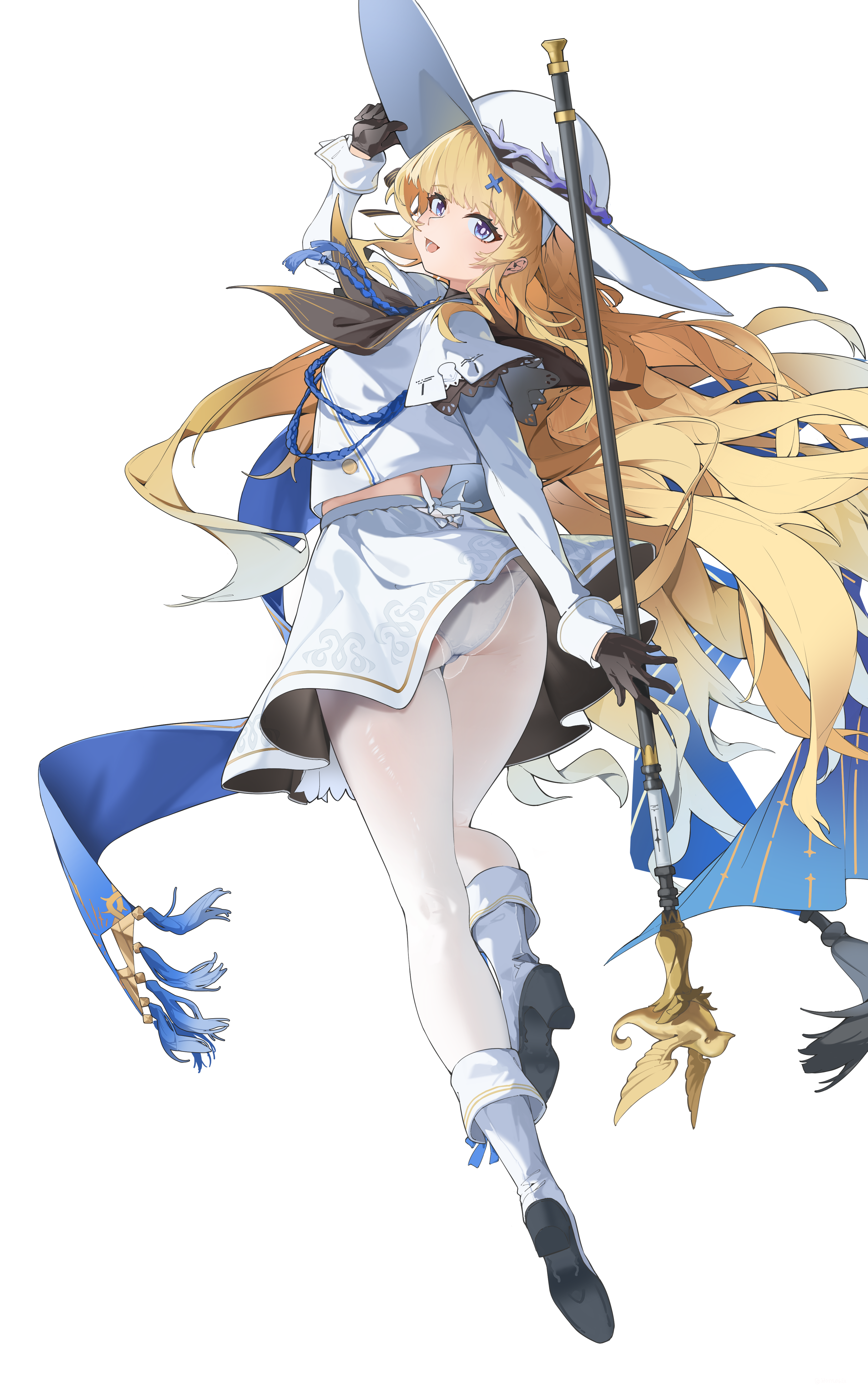 hornesix, phoebe (wuthering waves), wuthering waves, absurdres, commentary request, highres, 1girl, ass, black collar, black gloves, black neckerchief, blonde hair, blue eyes, collar, from behind, full body, gloves, hair ornament, hat, holding, holding staff, long hair, long sleeves, looking at viewer, looking back, midriff, miniskirt, neckerchief, open mouth, panties, panties under pantyhose, pantyhose, shirt, simple background, skirt, smile, solo, staff, underwear, very long hair, white background, white hat, white panties, white pantyhose, white shirt, white skirt, x hair ornament
