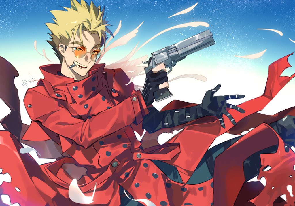vash the stampede, trigun, 1boy, blonde hair, bullet, bullet hole, coat, fingerless gloves, gloves, gun, handgun, long coat, male focus, orange-tinted eyewear, prosthesis, prosthetic arm, red coat, revolver, round eyewear, sasuke72806332, spiked hair, tinted eyewear, undercut, weapon