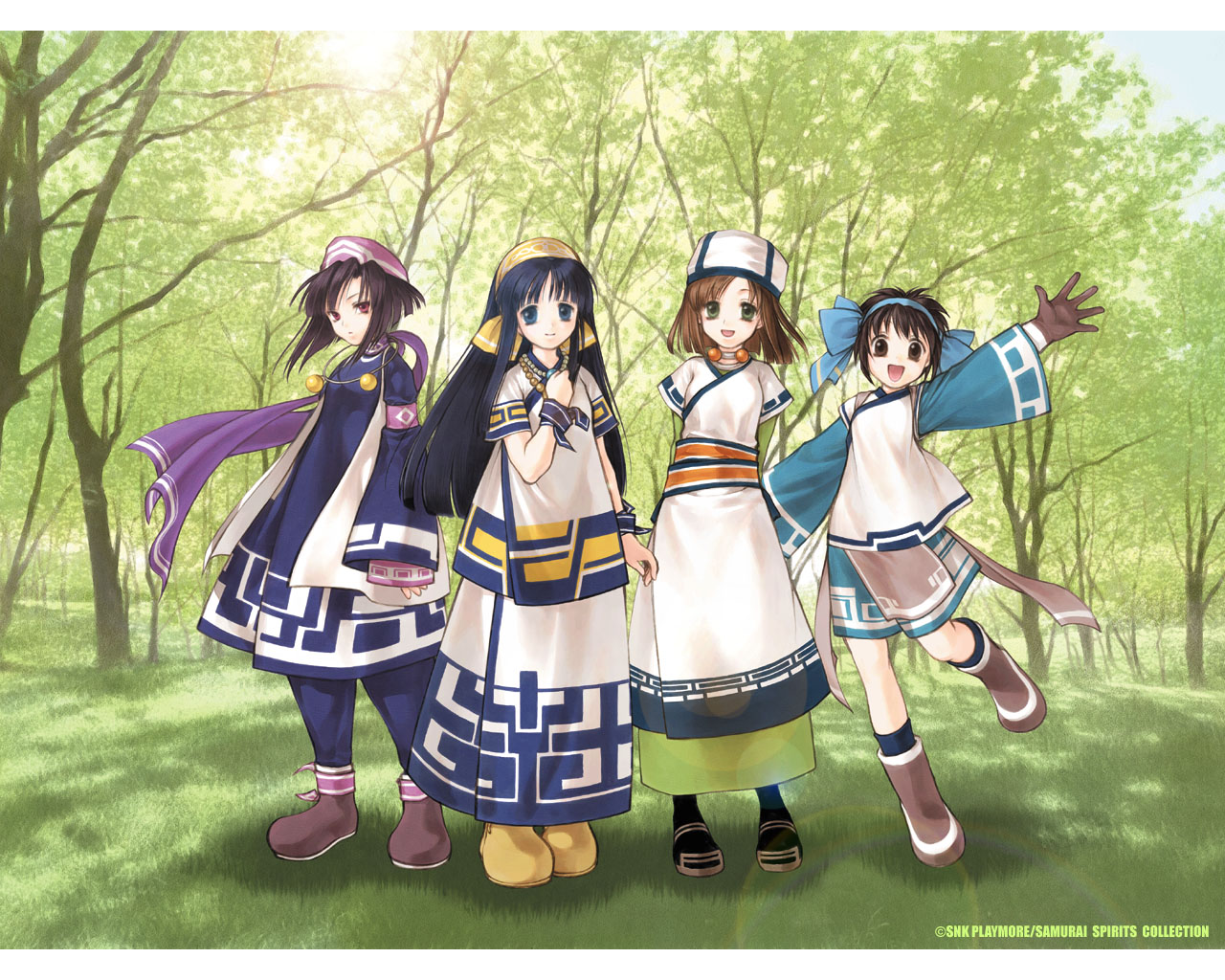 kita senri, manari, nakoruru, rera, rimururu, samurai spirits, snk, official art, 4girls, alternate costume, boots, day, forest, hat, long hair, long skirt, multiple girls, nature, scarf, siblings, sisters, skirt, standing, waving
