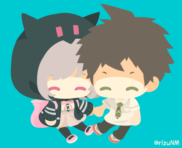rizu (rizunm), hinata hajime, nanami chiaki, danganronpa (series), danganronpa 2: goodbye despair, 1boy, 1girl, ahoge, artist name, backpack, bag, black jacket, black thighhighs, brown hair, brown skirt, chibi, chibi only, green background, green necktie, hood, hooded jacket, jacket, miniskirt, neck ribbon, necktie, open clothes, open jacket, pink bag, pink ribbon, pink shoes, pleated skirt, ribbon, shirt, shoes, short hair, simple background, skirt, thighhighs, white shirt